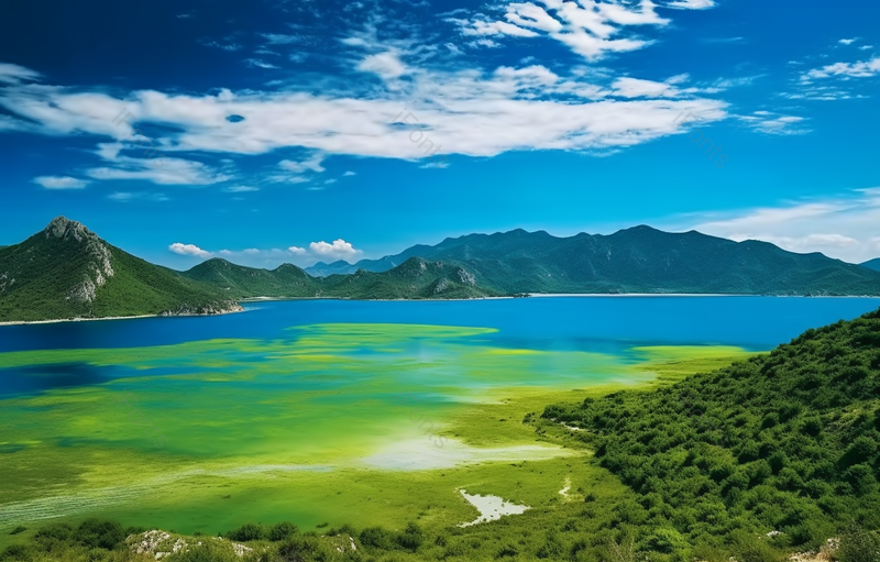 蓝天白云绿色漂浮物湖对天空自然风景背景,高清,摄影图,摄影图片,图片大全,摄影图免费下载